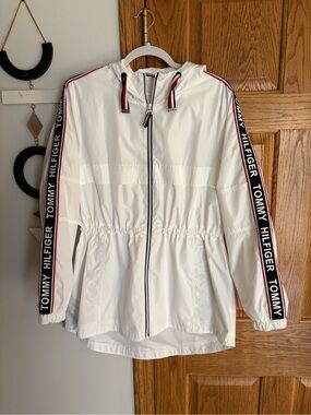 Tommy Hilfiger White Hooded Zip Jacket with Navy Branded Label